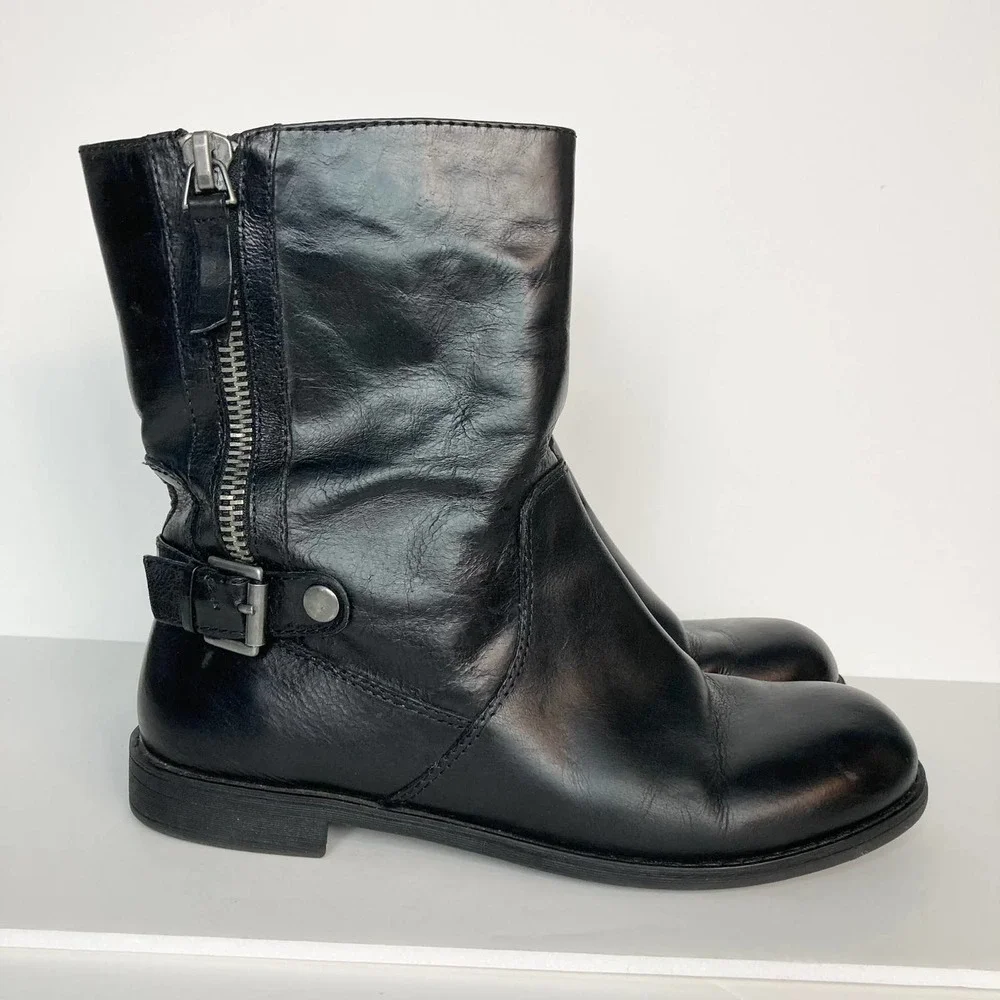 Nine West Black Leather Moto Style Biker Boots Women's Size 8M Buckle Zipper - Picture 5 of 16